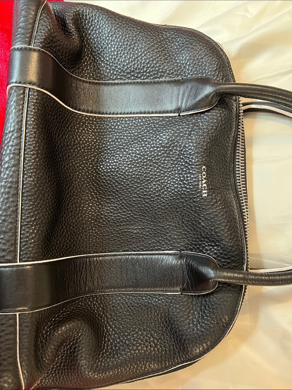Coach Black Pebbled Leather Shoulder Tote with White Piping